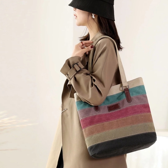 MANJIANGHONG Multi Coloured Striped Canvas Tote Shoulder Bag Casual Handbag - Picture 2 of 9